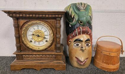 Antique Wood Clock/Mask/Small Bucket