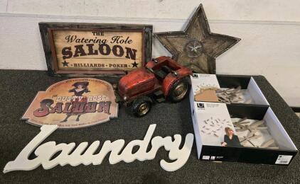 Decor Lot - Saloon Wall Art, Decorative Tractor, (2) Boxes of Wall Flutter Wall Decor, & More