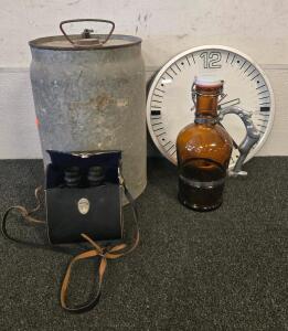 Antique Binoculars w/Case, (2) Antique Containers, Clock