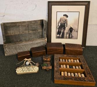 Wooden Decor Lot - Framed Cowboy Picture 19.5" x 23.5", (2) Decorative Boxes, Framed Cork Decor, & More