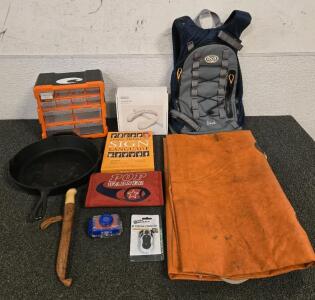 Water Backpack, Filet Knife, Large Orange Drypack, Cast Iron Pan, First Aid Kit, Neck Fan, Desk Organizer & More