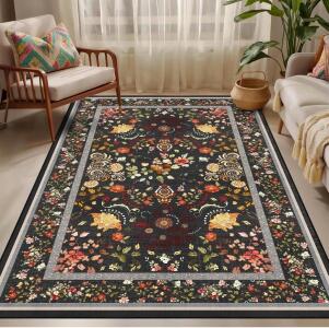 8x10 Black Grey Floral Washable Rugs for Living Room - Vintage Floral Rug for Bedroom Kids Room, Large Vintage Boho Home Decor Non Slip Carpet