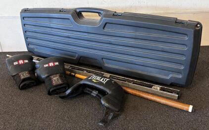 Boxing Gloves (Ringside 16 oz), Everlast Headgear, Cue Stick, DoskoSport Case, 4ft Level