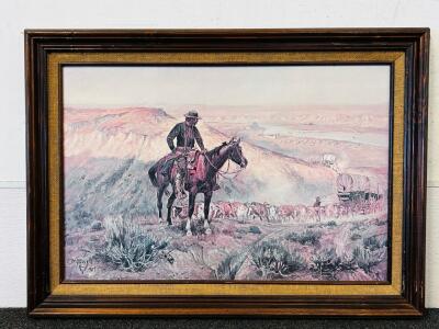 Framed Charles M. Russell "Cattle Drive" Western Art Print, 1909, Cowboy & Wagon Scene, Signed (36"x28" Print)