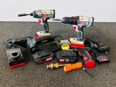 Porter Cable 20V Cordless Drill & Impact Driver Set, Work Sharp Sharpener, Batteries & Chargers Lot