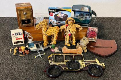 Vintage Collectibles Lot: Polaroid Express 600, 1974 Trophy, Seahorses, Cards, Toys & Decor