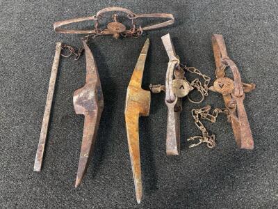 Vintage Leg-Hold Animal Traps with Chains & Antique Mining Pickaxe Heads &ndash; Forged Steel, Pre-1950s