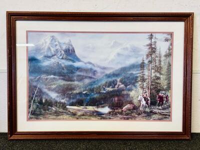 Georgie McBride Western Mountain Landscape Framed Art Print 38"x28" Cowboy & Horses Scene