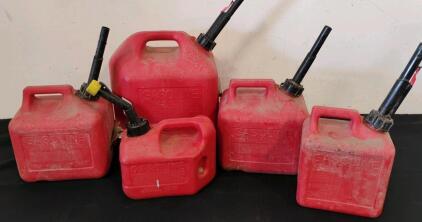 (5) Various size Gasoline tanks including: (1) five gallon tank, (2) two gallon tanks, (2) one gallon tanks