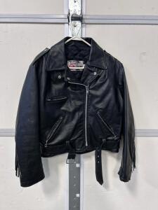 The Leather Shop Black Fringe Leather Motorcycle Jacket, Women&rsquo;s Size 16, Belted, Vintage Western