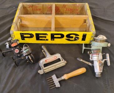 Vintage Collectable Fishing Reels And Pepsi Box