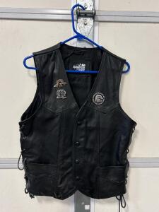 All American Rider Leather Motorcycle Vest, Black, Side Lace, Daytona & Sturgis Pins, Appears Size Large