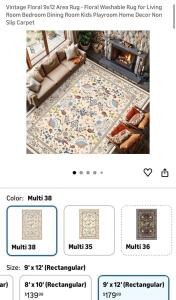 Vintage Floral 9x12 Area Rug - Floral Washable Rug for Living Room Bedroom Dining Room Kids Playroom Home Decor Non Slip Carpet
