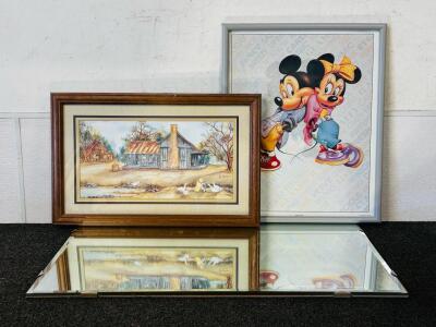 Framed Lisa Freeman Country Art, Disney Mickey & Minnie Poster, Large Beveled Wall Mirror Lot (29"x 20", 22"x 14", and 17"x 21")