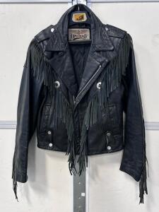 Open Road Black Leather Motorcycle Jacket with Fringe & Conchos, Quilted Lining, Size Estimate L