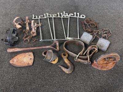 Antique Farm Lot: Livestock Hobbles, Steel Traps, "Hello" Branding Irons, Iron Tools, Sad Iron