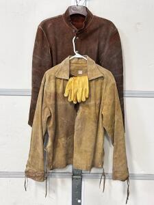 Vintage Sears Brown Suede Leather Work Jacket, Tan Lace-Up Ranch Jacket, Yellow Leather Gloves Set