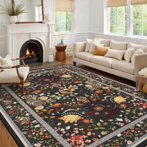 9x12 Black Grey Floral Washable Rugs for Living Room - Vintage Floral Rug for Bedroom Kids Room, Large Vintage Boho Home Decor Non Slip Carpet