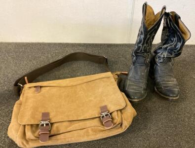 Tony Lama Cowboy Boots And Vintage-Style Canvas And Leather Crossbody Messenger Bag