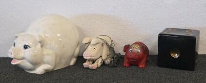 Piggy Bank & Porcelain Dice With Pig Figurines