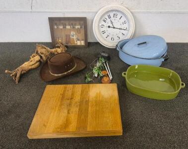 Wall Clock 16 in., Western Hat, Western Wall Decor, Log Decor, Roaster Pot, Serving Dish, Wooden Cutting Board, Hummingbird Wind Chime