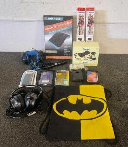 Back Stretcher, Camera Accessory Kit, Manfrotto Camera Attachment, Multiple Phone Case, Dual USB Wall Charger, Gaming Headsets, Microphone, Batman Bag,