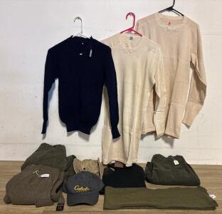Large US Military Surplus Cold Weather Apparel Lot &ndash; Wool Pants size 30&rdquo; Waist, Thermals, Sweaters size Small, Hats