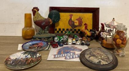 Home Decor Including Vintage Model Cars, Bradford Exchange Plates, Rooster Decor And More