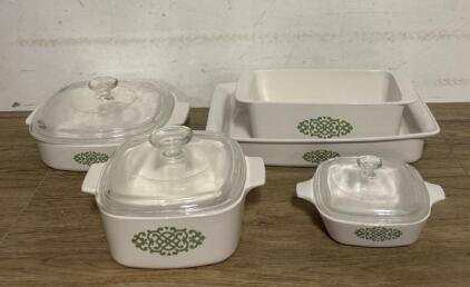 Casserole Dish Lot With Lids and Handles (1) 4.5&rdquo; Dish, (1) 6&rdquo; Dish With Lid, (1) 8&rdquo; Dish With Lid, (1) 11.5&rdquo; Dish, (1) 8.5&rdquo; Bread Pan