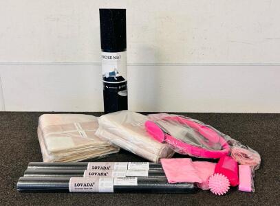 (2) Modern Geometric Rugs (2x8 Ft), (3) Rolls Of Lovada Peel And Stick Wall Paper, Exercise Mat, and Pilates Gear