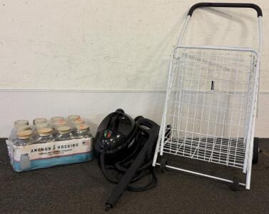 (12) Quart Canning Jars, Folding Utility Cart & Steam Cleaner