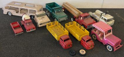 Vintage Steel Toy Trucks Lot &ndash; Cement Mixer, Dump, Jeep, Log Truck & More