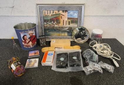 Scenic Picture Frame, Extension Cord, Inflatable Vinyl Cushion, Motion Sensor Alarm, (3) Hinge Set, Scalp Scratcher, Jar of Mix Nuts and Bolts, Roy Roger's Trash Basket, Silent Watch Leopard Plate, Compression Socks, Cups Coaster,