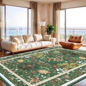8x10 Green Floral Washable Rugs for Living Room - Vintage Floral Rug for Bedroom Kids Room, Large Vintage Boho Home Decor Non Slip Carpet