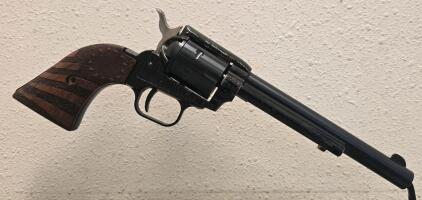 Heritage Rough Rider .22 LR Revolver 6.5" Barrel, Blued Finish, Custom Wood Flag Grip, SN 3PH267352