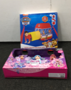 (3) Dream Seeker Barbies, (1) Paw Patrol Play Tent