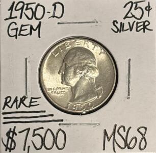 1950-D MS68 RARE GEM SILVER WASHINGTON .25c