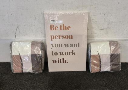 Inspirational Quote Wall Art Canvas Prints,Team Work Motivational Quotes for Home Office Workplace, 11 x 14 Inch, Framed(Boho), (2) Modern Geometric Area Rugs, Brown
