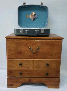 2 Drawer Wooden Night Stand L=25" W=16" H=24 1/2", Small Gray Suitcase L=17" W=12" H=5 1/2"