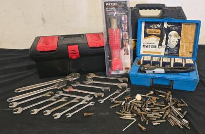 Rigid EZ Change Faucet Tool, (2) Crescent Wrenches, Wrench Set, Assorted Bits, River Gun