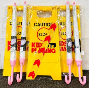 Children's Frosted Dome Umbrella, Pink Handle, Star Pattern, 28" Diameter, Set of 4 and 3-Pack Kids Playing Caution Signs With Reflective Tape