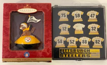 limited edition Pittsburgh Steelers Hall of Fame Players Pin Set And 1999 Hallmark Keepsake Ornament Featuring The Pittsburgh Steelers