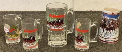 (4) Vintage And Collectible Budweiser Clydesdale Beer Mugs And (1) Vintage 1996 Budweiser "This Bud's for You" Frog Glass Beer Mug