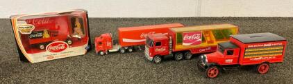 Matchbox Collectibles "1931 Ford Model AA" Truck In Original Packaging, 1980s Buddy L Coca-Cola Mack Delivery Truck, Coca-Cola Diecast Tractor-Trailer Model And Vintage Coca-Cola Die-Cast Metal Coin Bank