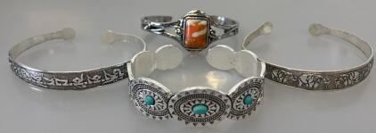 Set of 4 Silver-Tone Metal Cuff Bracelets &ndash; Turquoise & Jasper Stones, Script & Elephant Motifs