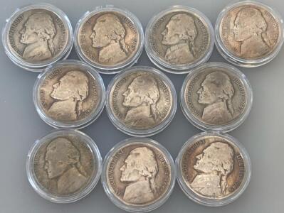 (10) WWII Silver Nickels 35% Silver 1942-1945