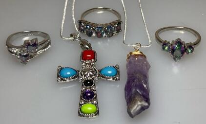 Turquoise Cross Pendent On 24&rdquo; Necklace, Natural Amethyst Crystal .925 Necklace, (2) Size 8 An 9 Mystic Rainbow Topaz Double Heart Ring, An (Size 9-1/2) Marquise Cut Mystic Rainbow .925 Ring
