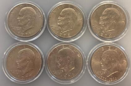 (6) Eisenhower One Dollar Coins Includes (1) Bicentennial All In Plastic Casing