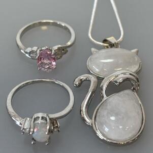 Natural Opal Gemstone Cut 24&rdquo; Necklace, (Size 10) Fire Opal Ring, An (Size 10) Faceted Oval Cut Pink Kunzite .925 Ring
