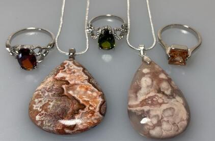 50.45ct Natural Peach Rosita Jasper Gemstone .925 Necklace, 47.50ct Natural Sakura Agate Gemstone 22&rdquo; Necklace, (Size 10) Beautiful Faceted Oval Cut Red Rudy Ring, (Size 6-1/2) Green Penido Pear Cut Ring, (Size 8) Peach Sapphire Ring